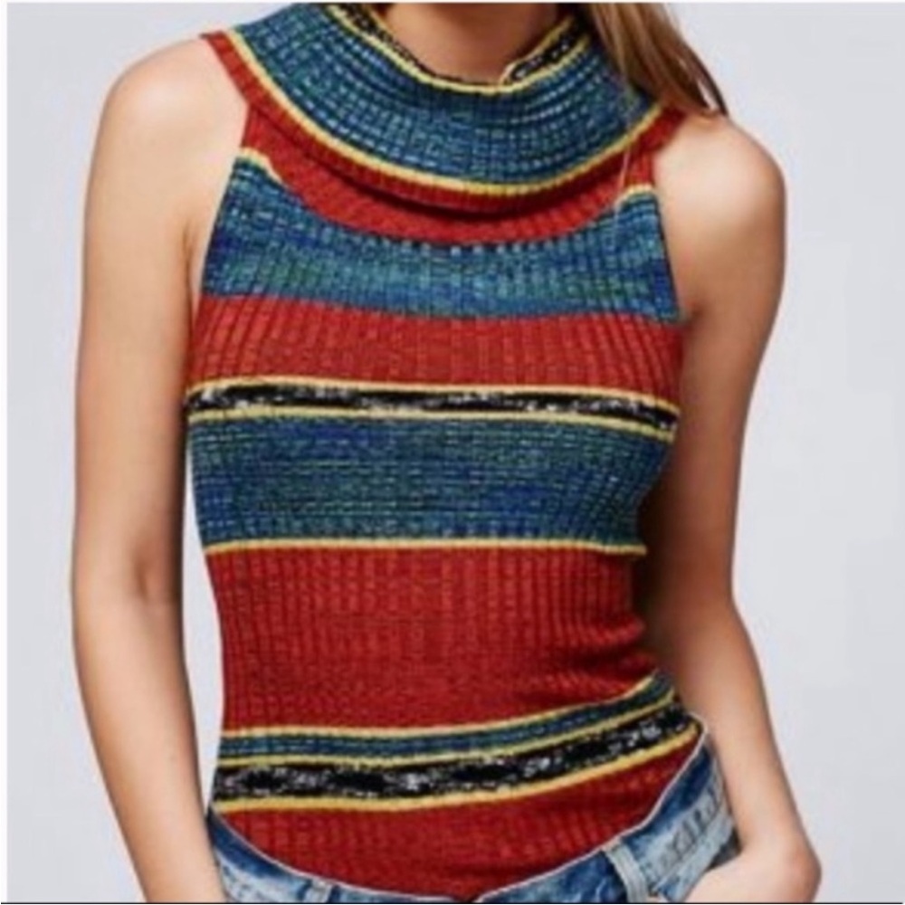 FREE PEOPLE Retro Ribbed Linen Blend Carly Cowlneck Sleeveless Top XS